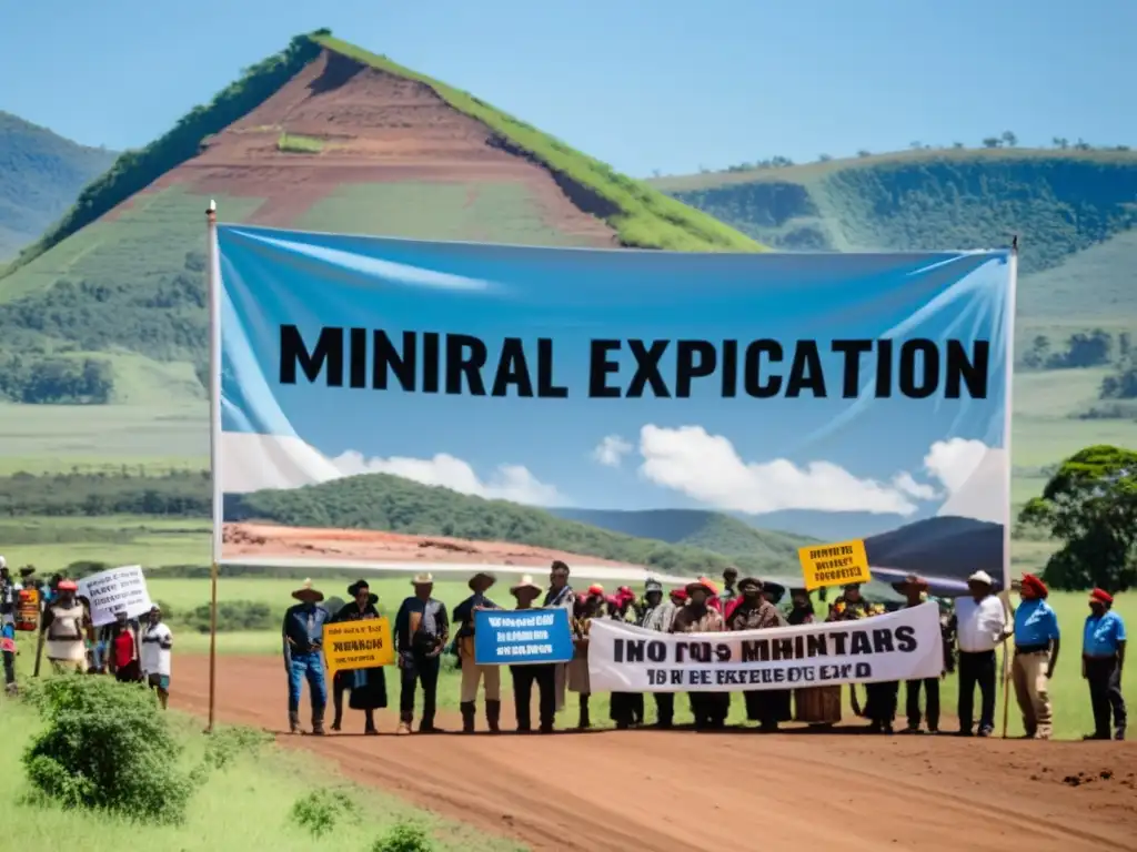 Manifestación de indígenas ante una mina, expresando preocupación por la ética en la inversión de minerales