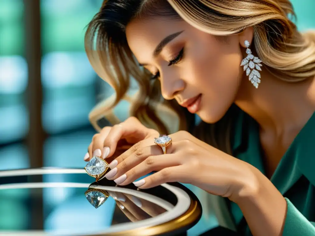 Una influencer de joyería examina detalladamente un deslumbrante anillo de diamantes, rodeada de una exquisita exhibición de joyas