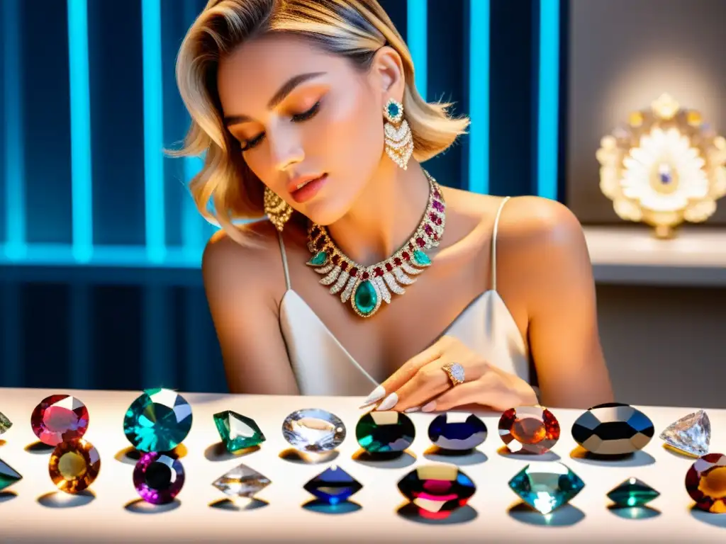 Una influencer de joyería examina meticulosamente gemas y minerales bajo luz profesional, mostrando elegancia y expertise en joyería