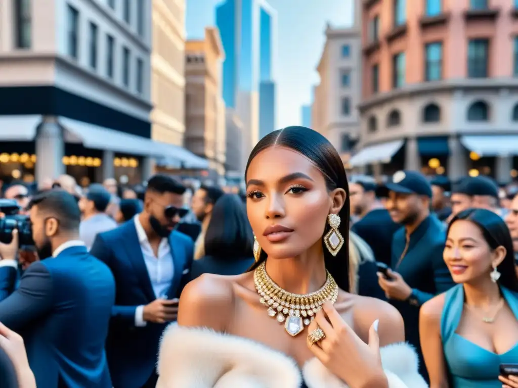 Una influencer glamorosa con joyería deslumbrante en una bulliciosa calle de la ciudad, rodeada de fans y fotógrafos