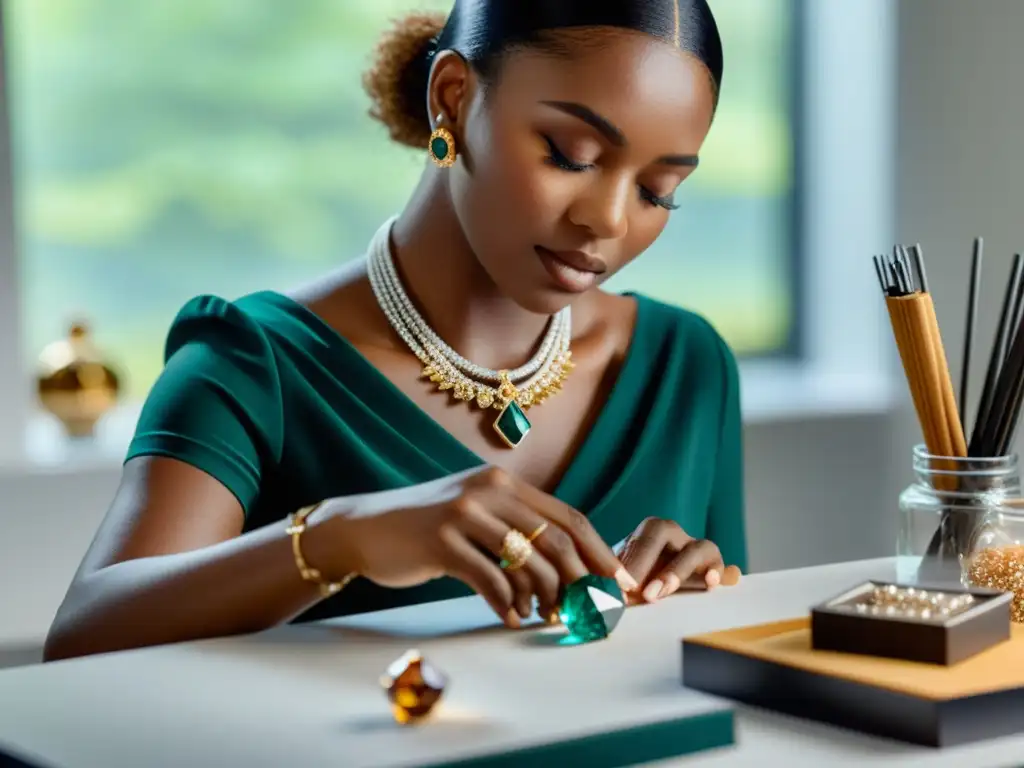 Un influencer de joyería muestra un impresionante collar con detalle y destellos de luz