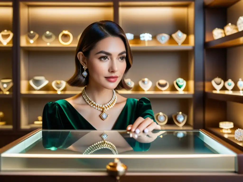 Una influencer de joyas examina detenidamente un elegante collar de diamantes en un lujoso showroom, capturando la esencia de los influencers en publicidad de joyas