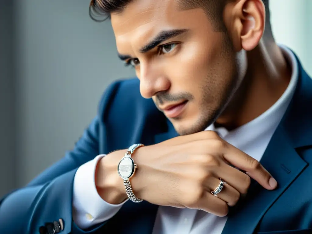 Un influencer masculino muestra con confianza su pulsera de plata, destacando los detalles intrincados