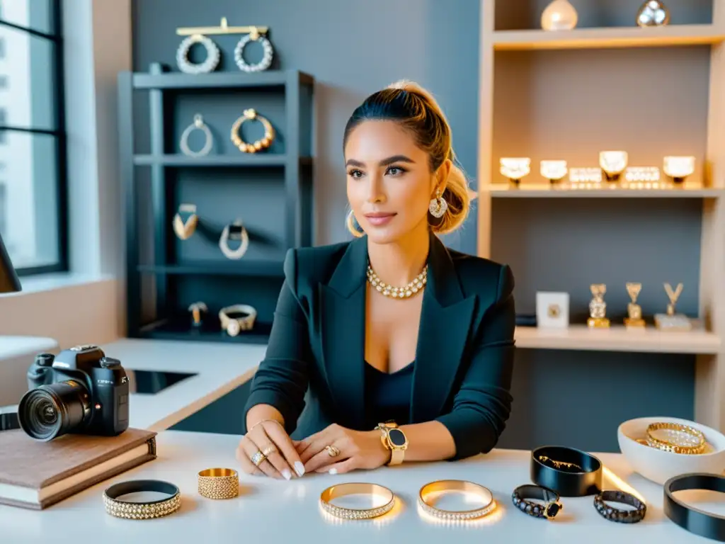 Una influencer de joyería promocionando productos en su elegante espacio de trabajo, en una imagen que destaca el marketing de influencia en joyería