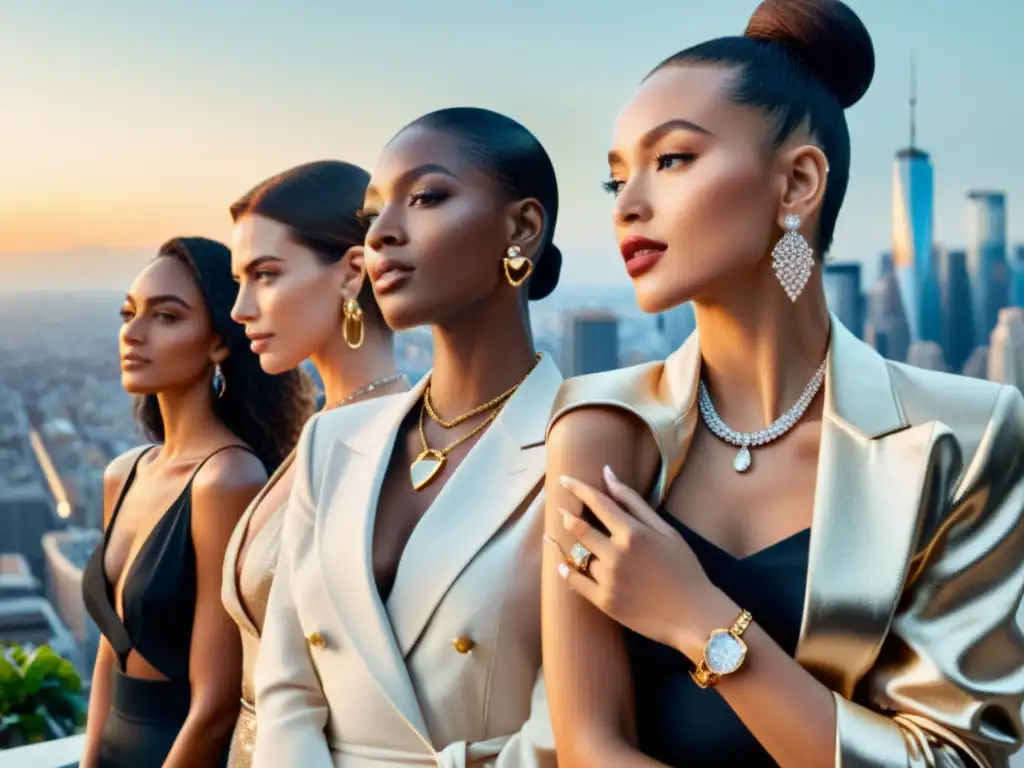 Influencers en publicidad de joyas: Grupo diverso de influencers exhibiendo joyas en la ciudad, transmitiendo autenticidad y estilo