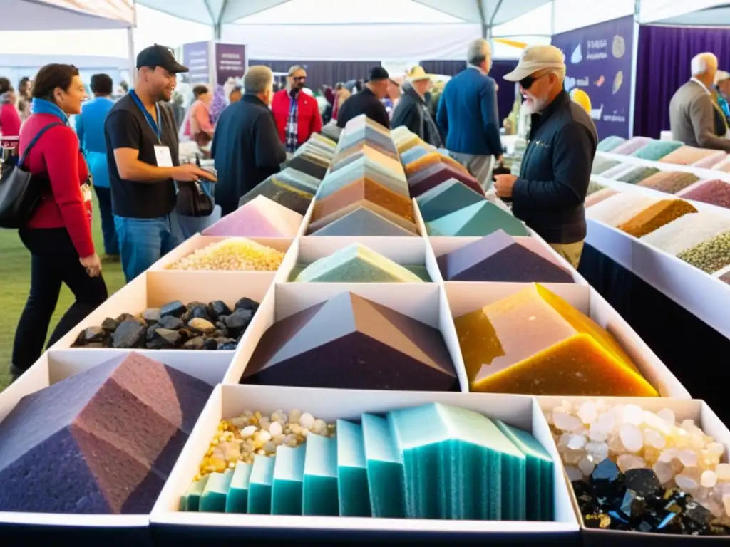 Feria de Minerales: Diversidad, Color y Energía Influencia cultural en ferias minerales: Escena vibrante con vendedores y visitantes explorando minerales coloridos y fascinantes