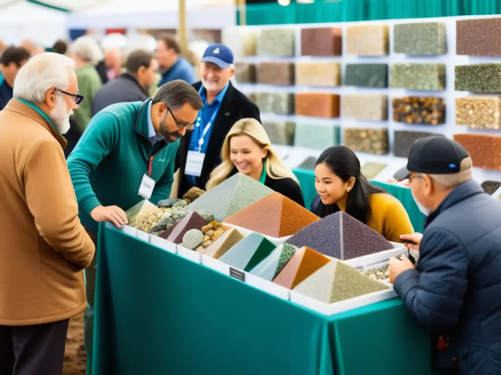 Vibrante Feria de Minerales: Encuentro Cultural y Educativo Influencia cultural en vibrante feria de minerales, con coloridas muestras y apasionados entusiastas explorando maravillas geológicas