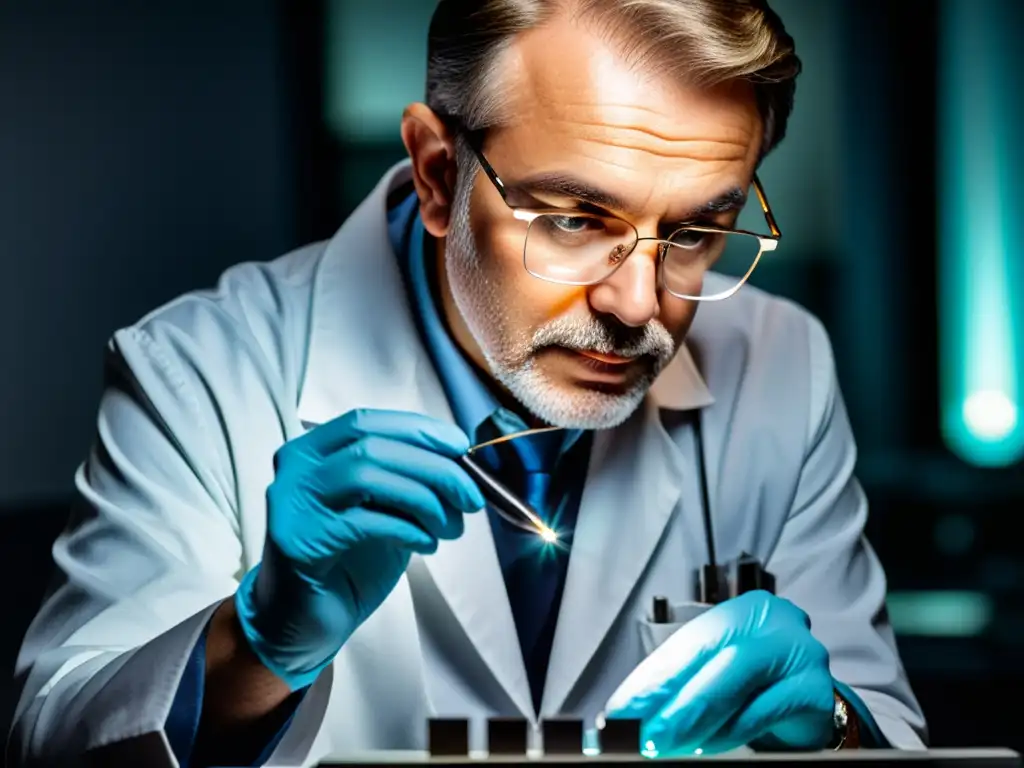 Experto gemólogo examina con precisión una rara joya Un influyente gemólogo inspecciona detalladamente una rara gema bajo luz profesional