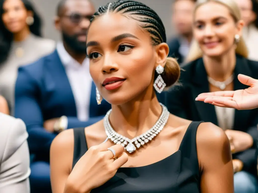 Una influyente de la industria de la joyería presenta con elegancia un impresionante collar de diamantes a su audiencia en un estudio chic y sofisticado