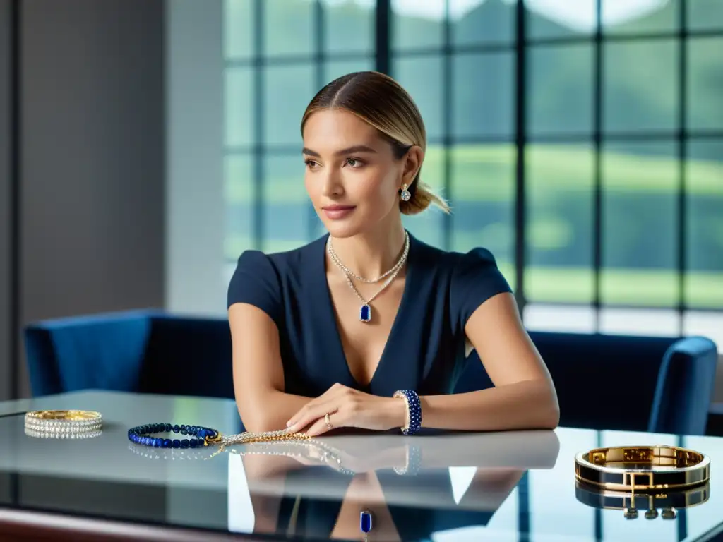 Una influyente de joyería con elegante collar de diamantes y pulsera de zafiro, revisa datos de campañas en tablet