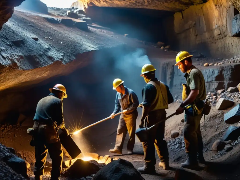 Innovaciones en minería tradicional: mineros trabajando en la oscuridad de una mina, esforzándose por extraer minerales con herramientas tradicionales, sus rostros y ropa manchados de polvo