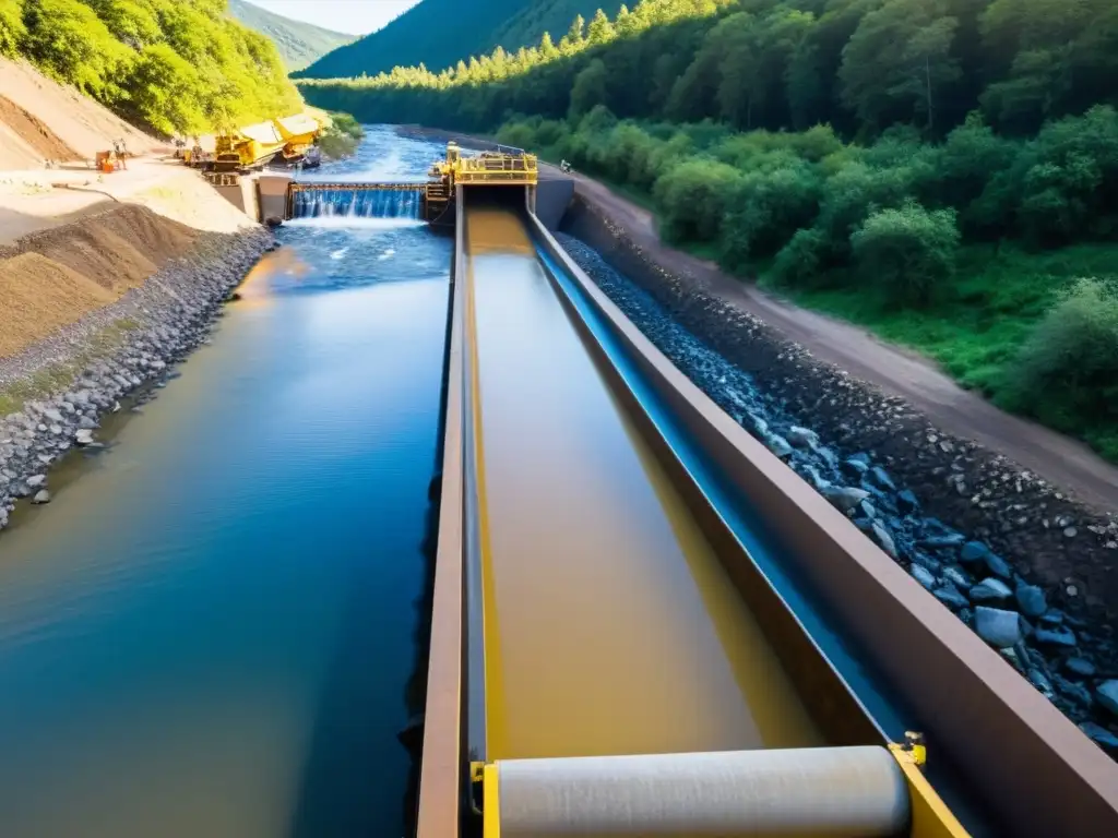 Instalación de las mejores esclusas recuperación oro en el río, con mineros trabajando y agua fluyendo por los canales