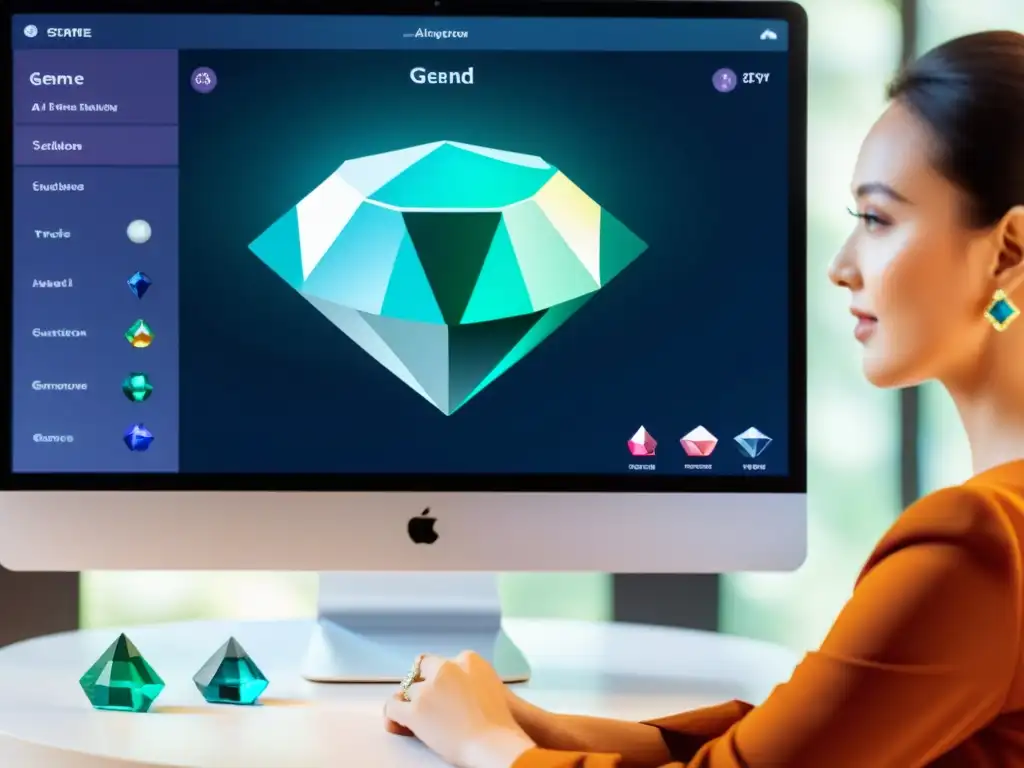 Análisis de tendencias de gemas: AI sofisticada Inteligencia artificial analiza tendencias y evaluación de gemología, con pantalla detallada de algoritmos y gemas, fusionando tecnología y tradición