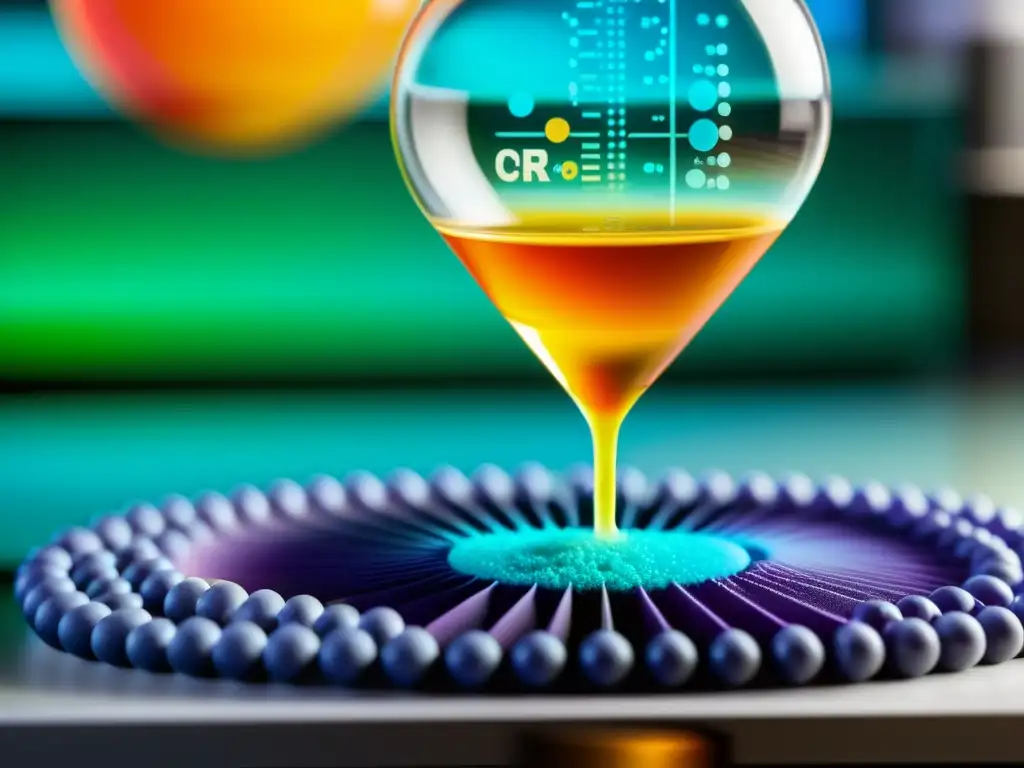 Intensa reacción química entre minerales y elementos alcalinos en un laboratorio, con colores vibrantes y patrones detallados