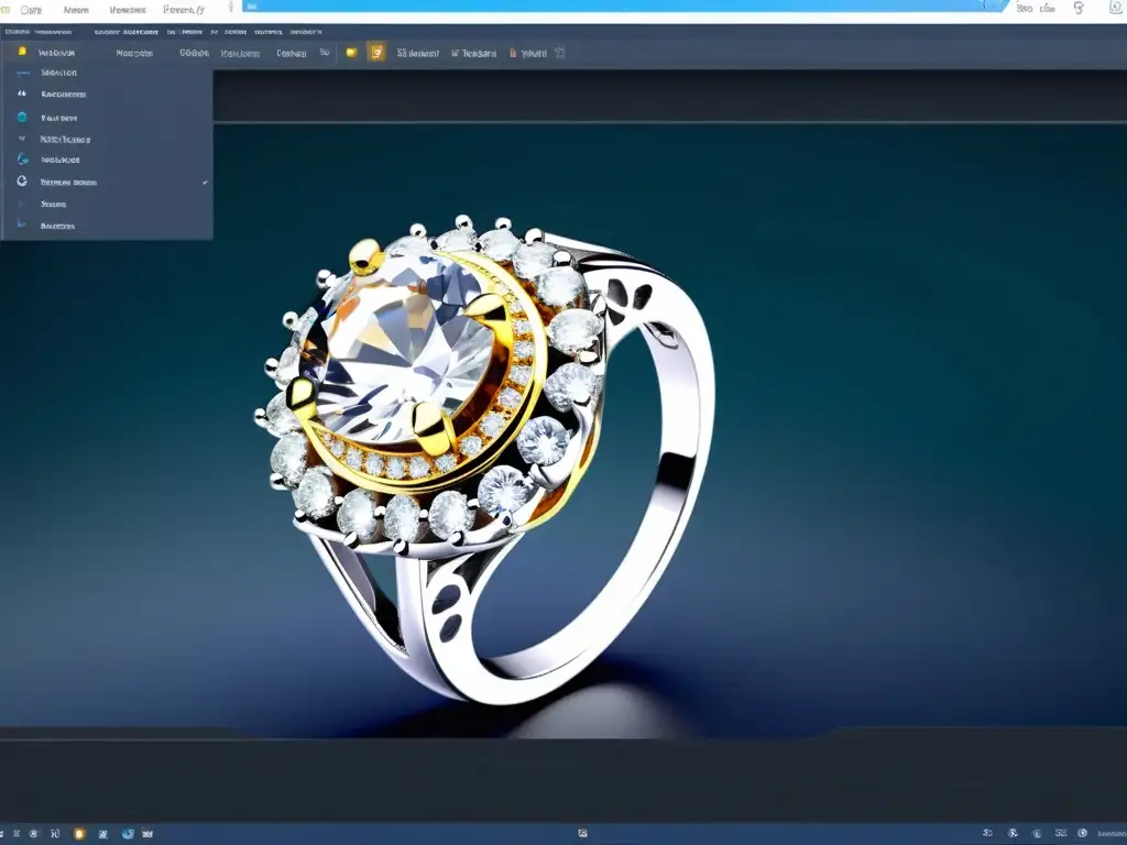 Interfaz detallada de software de diseño de joyas, con herramientas y funciones precisas para diseñadores