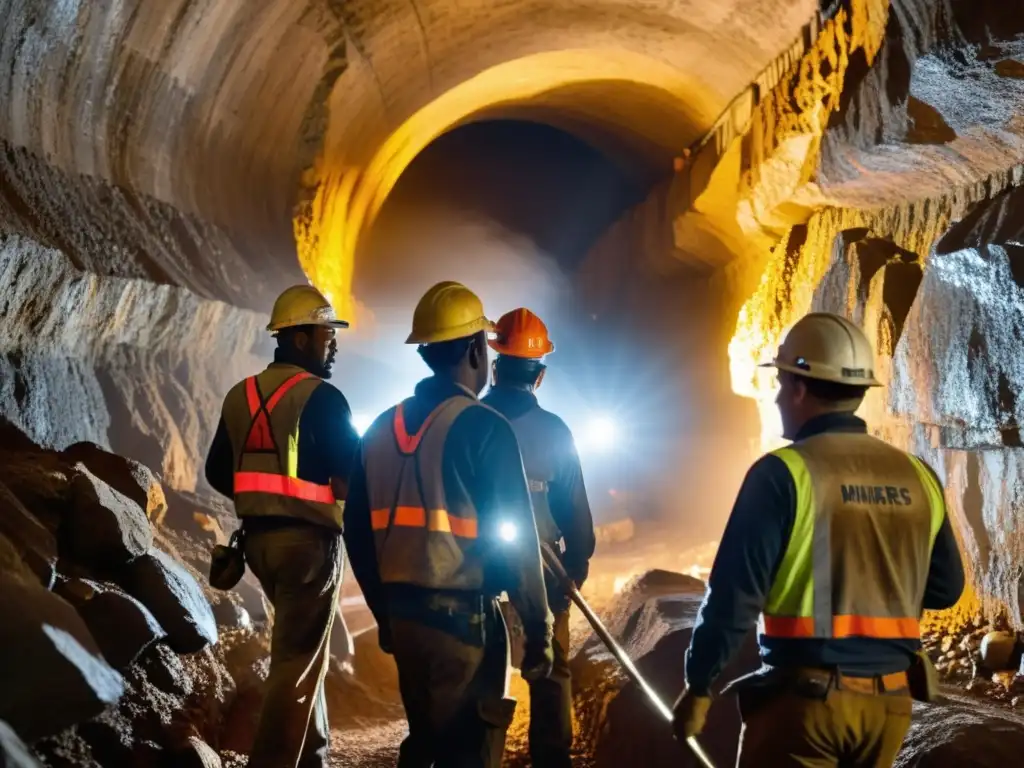 Mineros en acción: extrayendo minerales en la oscuridad Inversión en minerales y gemas: Mineros trabajando duro en túnel oscuro, con lámparas en la cabeza y picos, sudor y polvo en sus rostros
