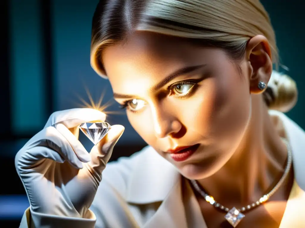 Inversión segura en joyería certificada: Experto gemólogo evaluando diamante en laboratorio profesional, garantizando calidad y precisión