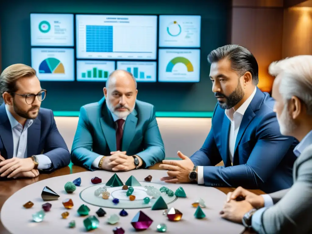 Expertos en gemas debaten ética y legalidad en inversión Inversionistas en gemas raras analizan aspectos legales y éticos en una sala llena de gráficos y gemas, transmitiendo concentración y expertise
