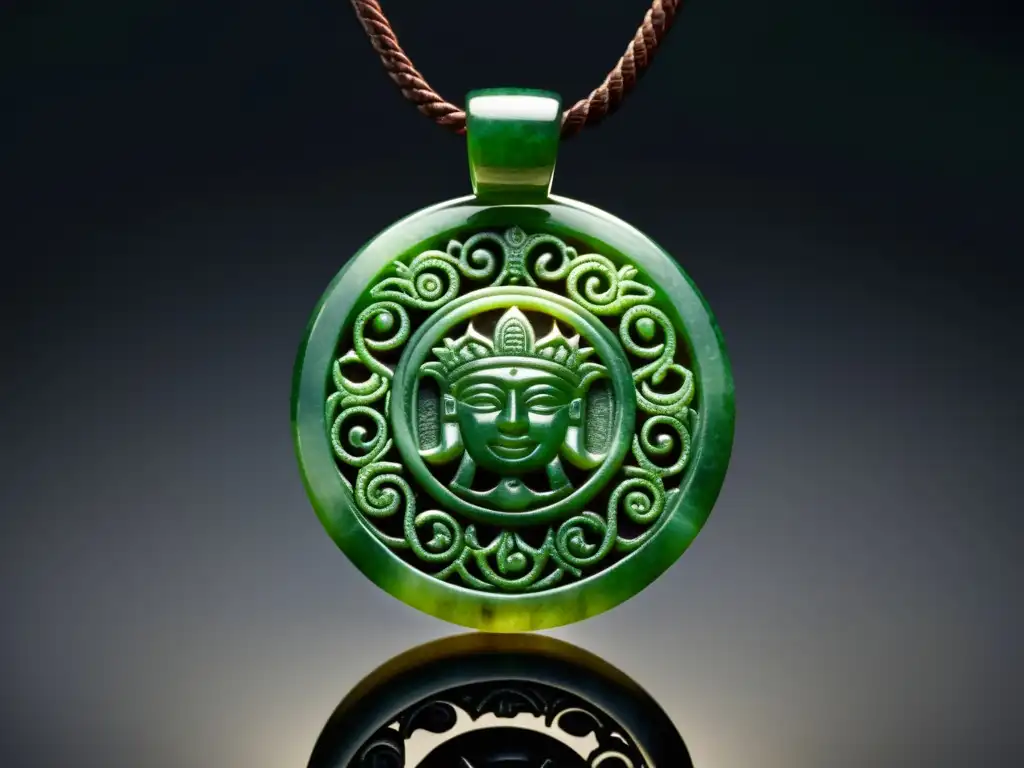 Una joya maya de jade con intrincados diseños y tonos verdes vibrantes, iluminada para resaltar su artesanía