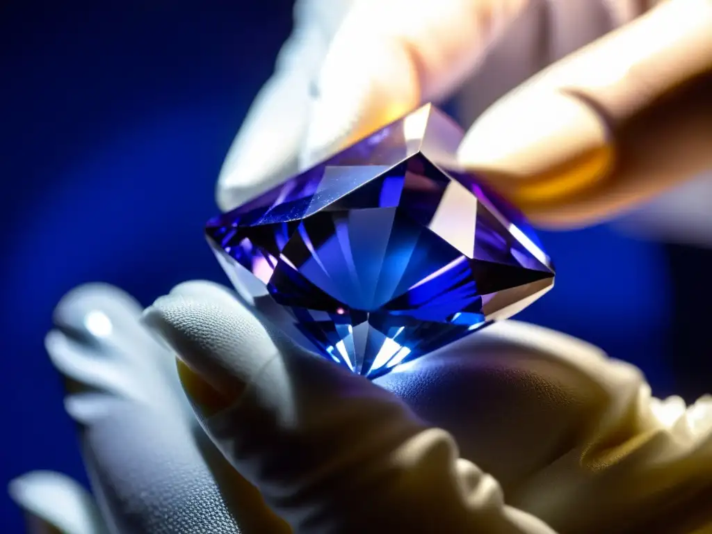 Una joya de tanzanita de alto valor es examinada con cuidado en un taller de joyería