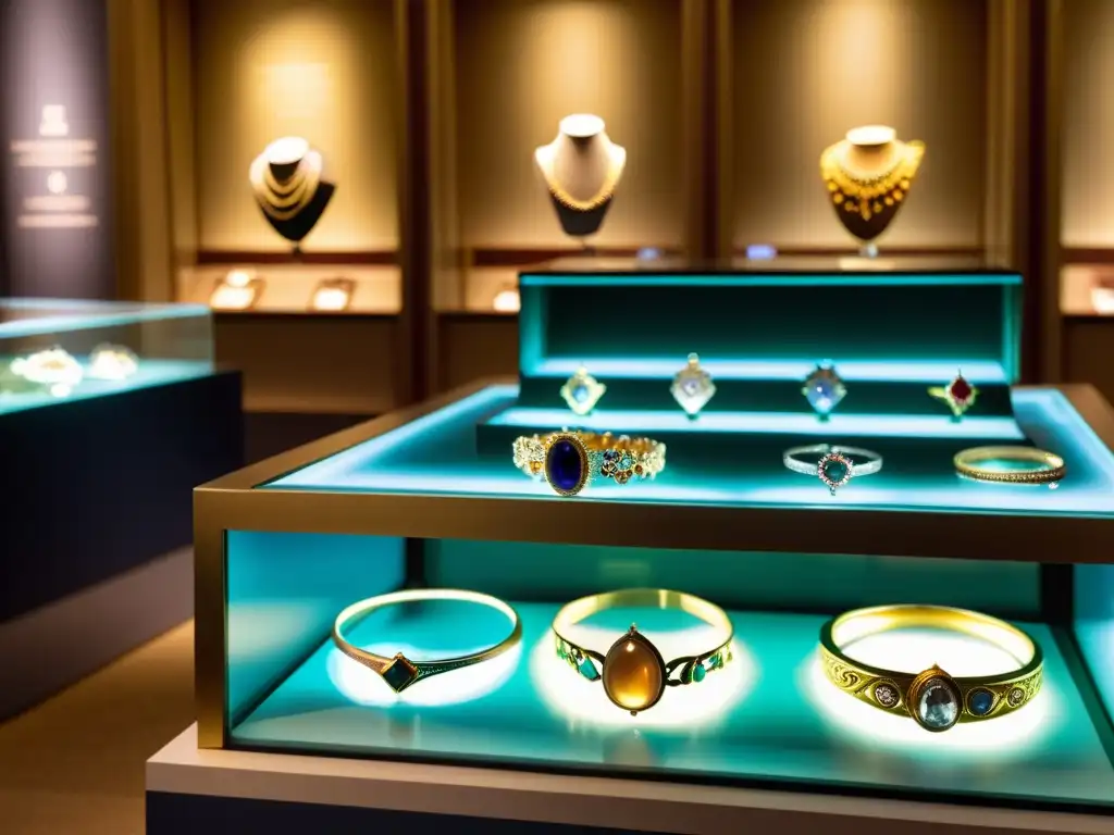 Exhibición de joyas en un museo, con gemas brillantes y visitantes admirando