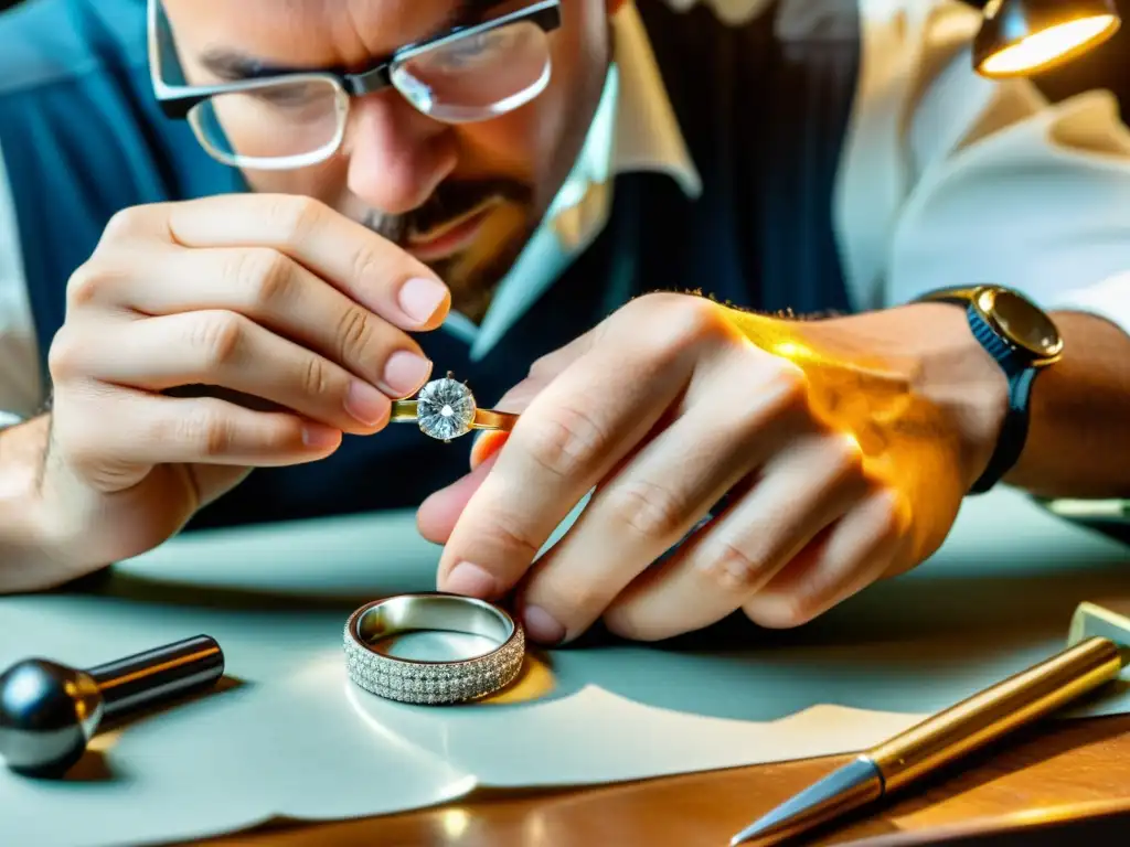 Un joyero examina detenidamente un anillo de diamantes bajo luz natural, transmitiendo cuidado y precisión