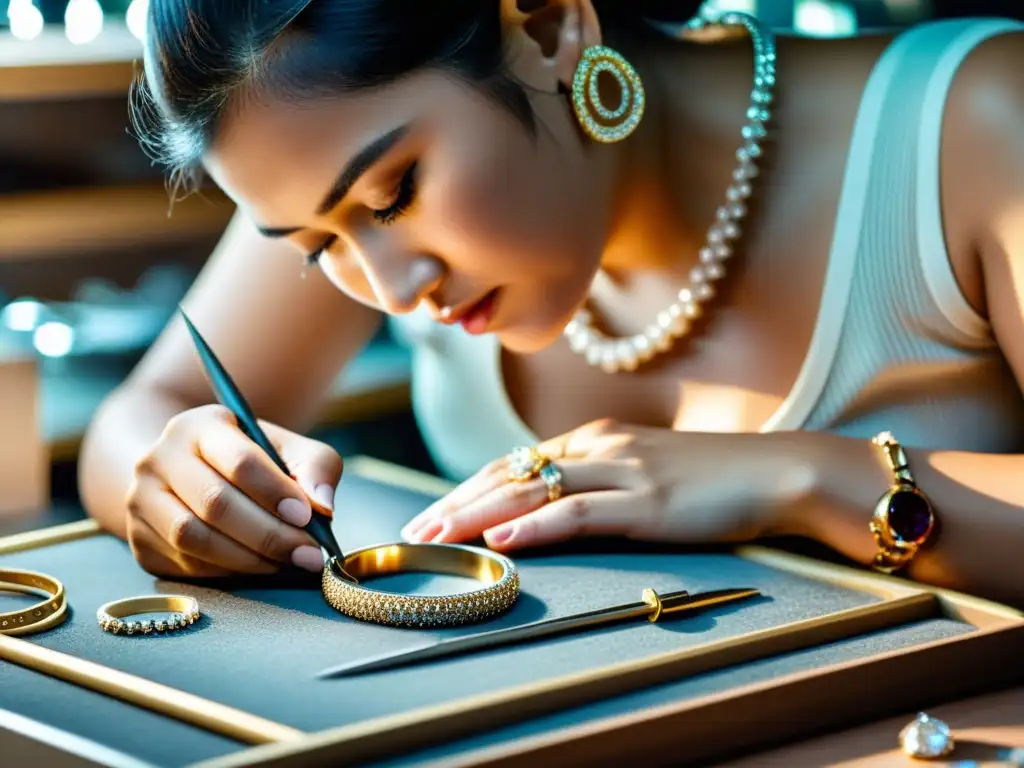 Un joyero artesano crea meticulosamente un collar con diamantes, rodeado de herramientas y gemas