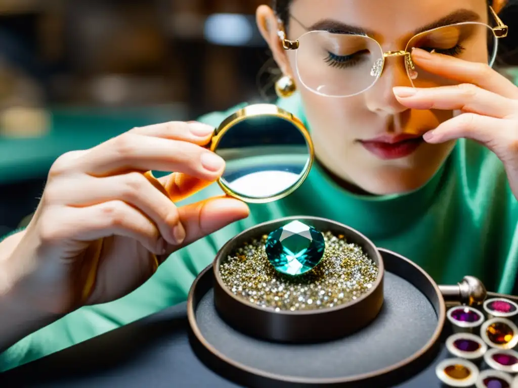 Un joyero examina con cuidado una piedra preciosa bajo una lupa en un taller ético, destacando la importancia de la ética en la adquisición de gemas