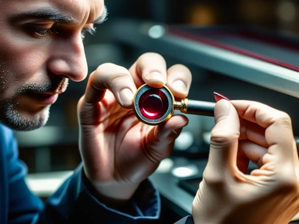 Examinando con precisión un rubí rojo intenso Un joyero examina con cuidado un rubí rojo intenso a través de una lupa, revelando su valor en joyería