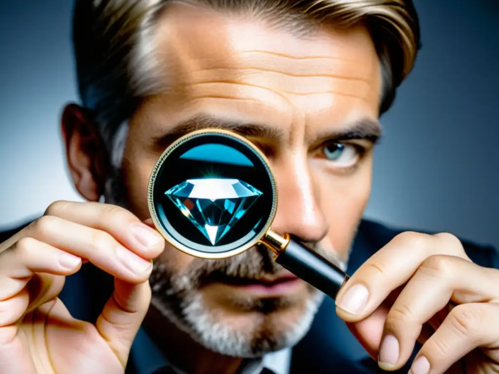 Un joyero examina con precisión un deslumbrante diamante a través de una lupa, mostrando atención al detalle y experiencia en joyería certificada