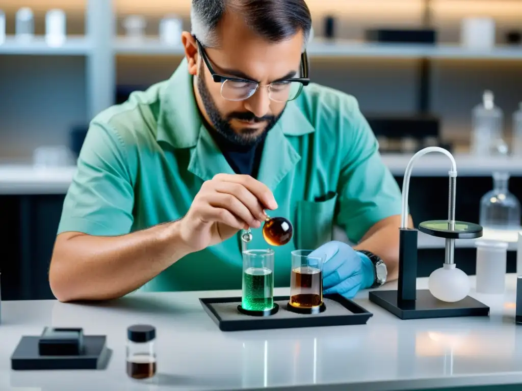 Un joyero realiza electroquímica en purificación de gemas en un laboratorio, con precisión y concentración