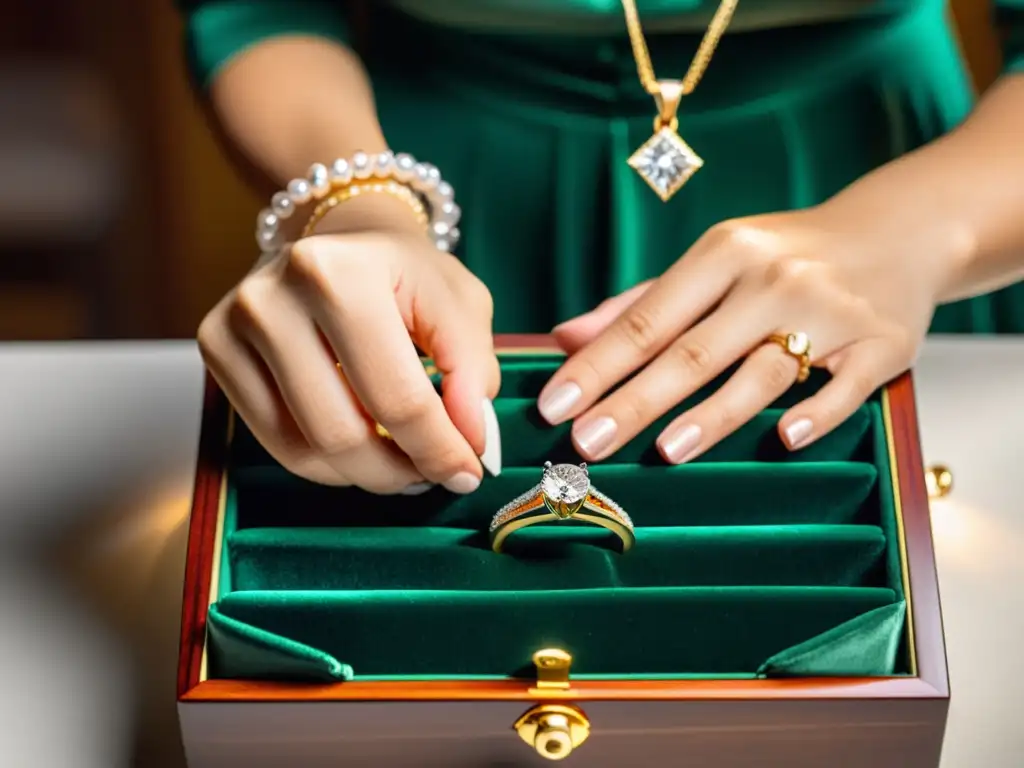 Arte en Acción: Elaboración de Joyero con Collar de Diamantes Un joyero con elegantes anillos, colocando un collar de diamantes en una caja de joyería