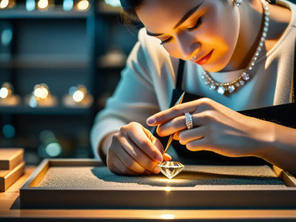 Un joyero experto crea meticulosamente un collar con diamantes, reflejando la artesanía y precisión en la fotografía y video para joyerías