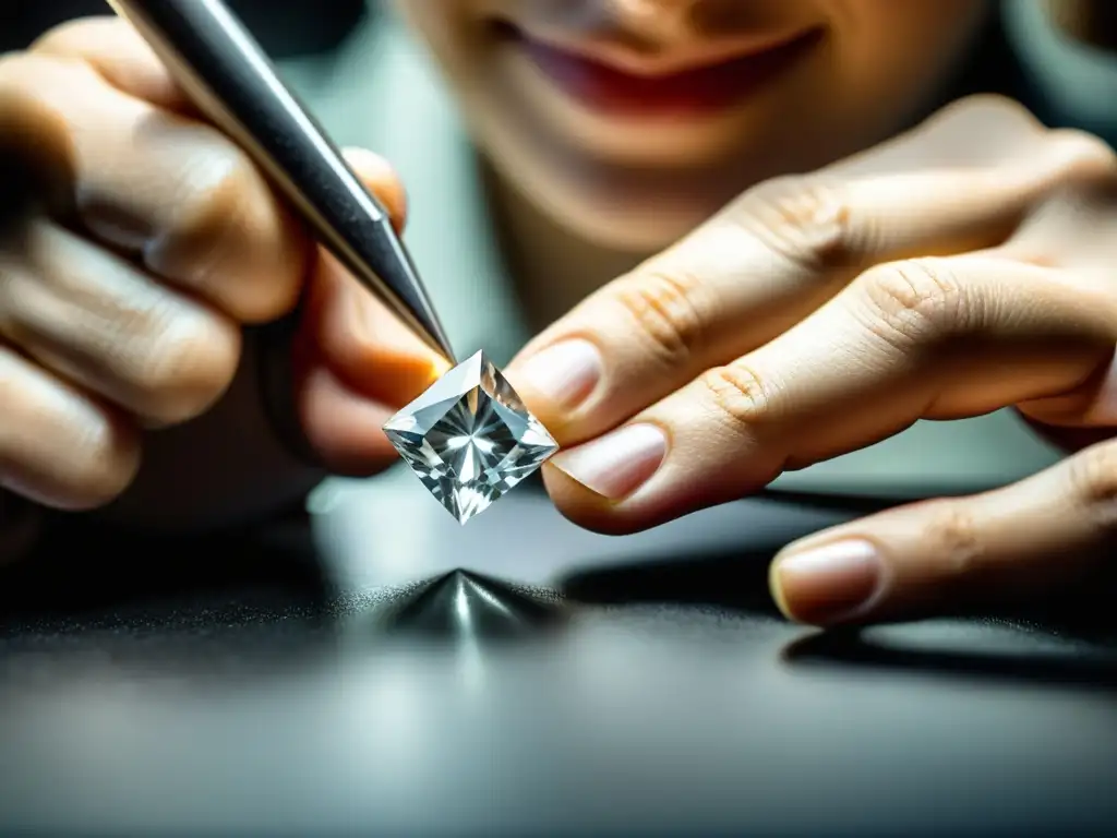 Un joyero experto corta con precisión un diamante bruto en una Corte Princesa, mostrando su geometría y belleza en detalle bajo luz natural suave