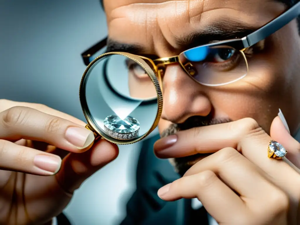 Un joyero experto inspecciona con cuidado un anillo de diamantes, mostrando la meticulosidad para preservar joyería fina