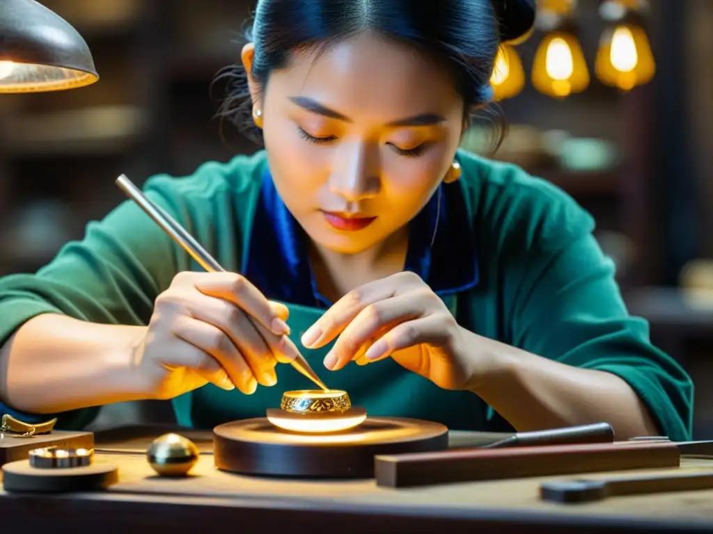 Un joyero experto crea una delicada pieza de joyería en un taller chino tradicional, resaltando la artesanía en fechas especiales