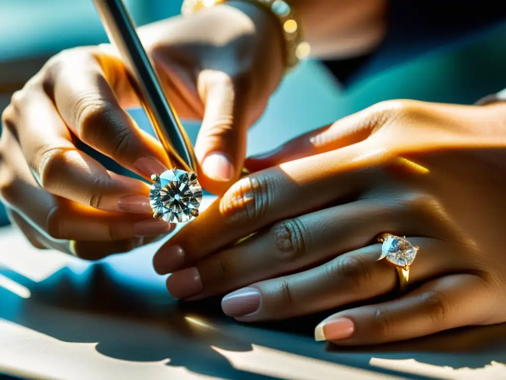 Un joyero experto colocando un deslumbrante diamante en un anillo de diseño delicado, bañado por la luz natural