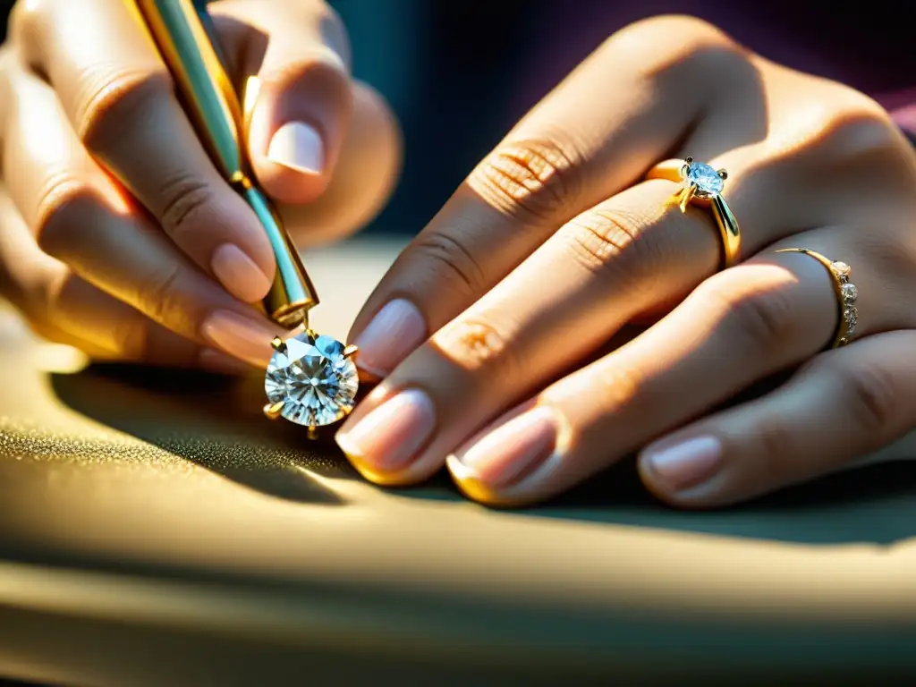 Un joyero experto coloca con destreza un diamante brillante en un anillo de oro