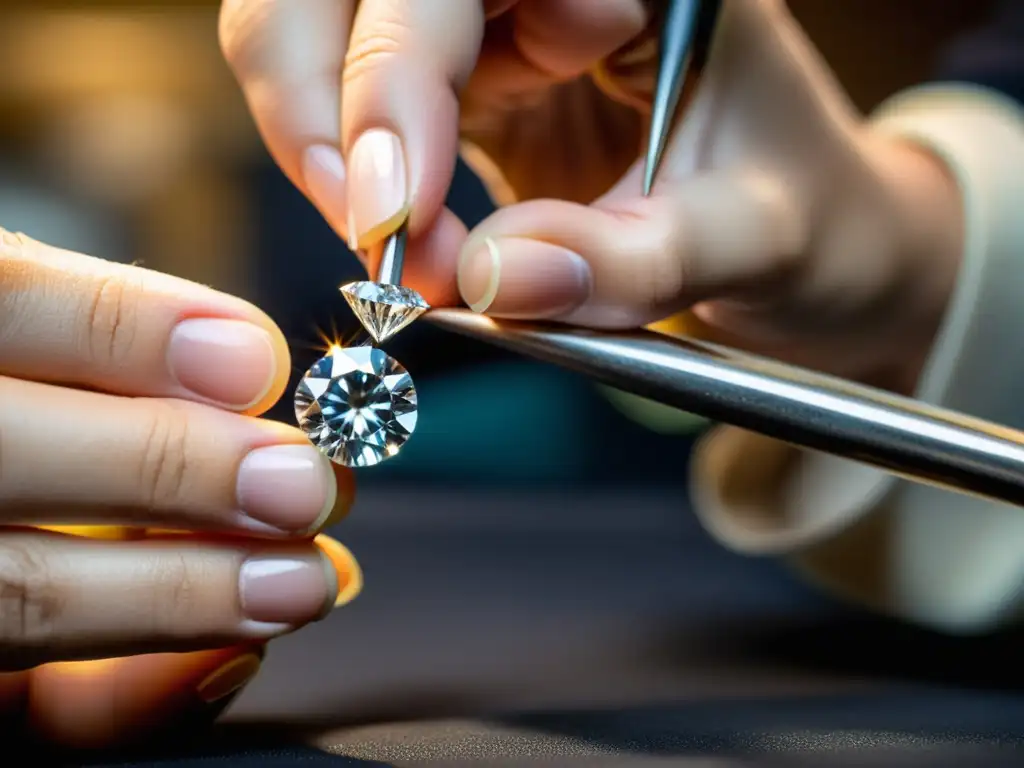 Un joyero experto coloca con destreza un pequeño diamante en una elaborada joya, mostrando detalle y precisión