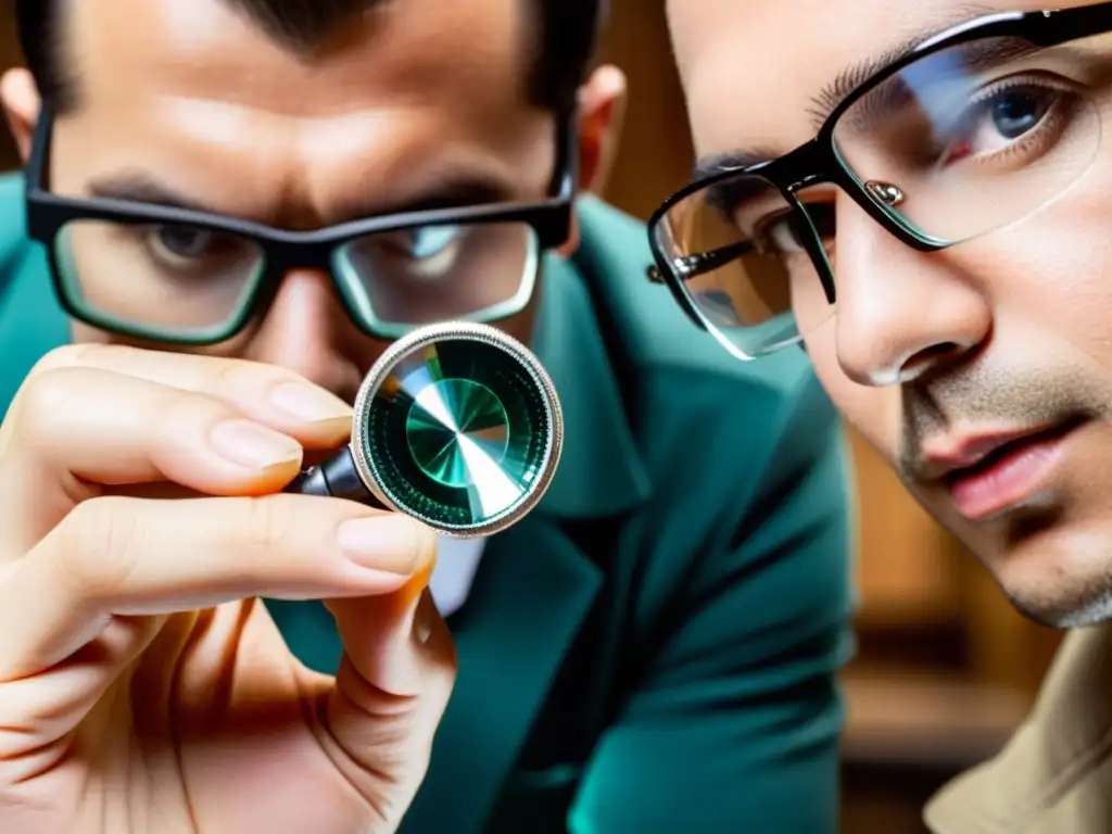 Un joyero experto examina con precisión un diamante a través de una lupa, mostrando detalles para la inversión segura en joyería certificada
