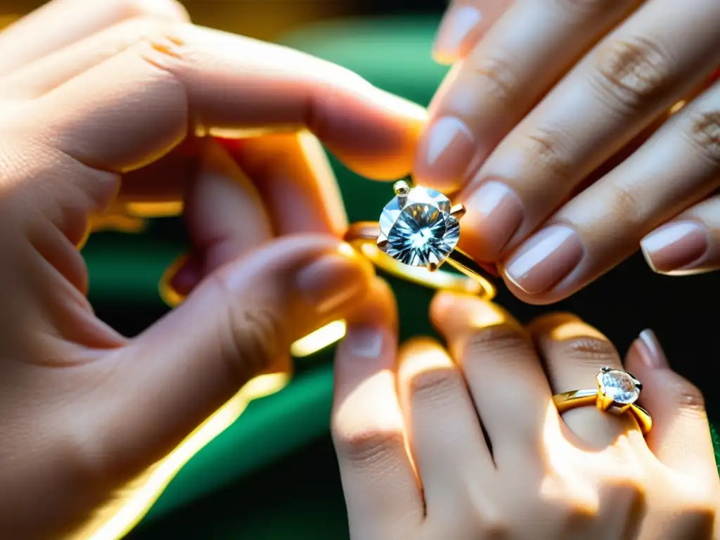 Un joyero experto crea una exquisita joya con un deslumbrante diamante, reflejando el meticuloso arte de la joyería