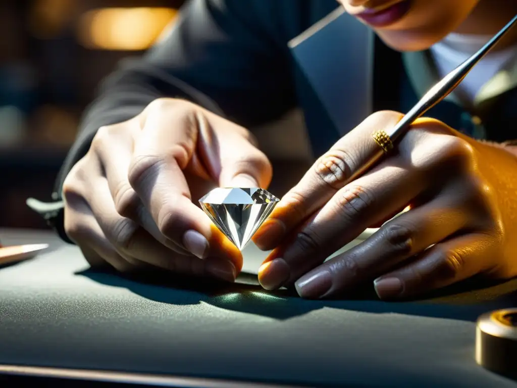 Un joyero experto da forma a un diamante en corte marquise, destacando su brillo y detalles