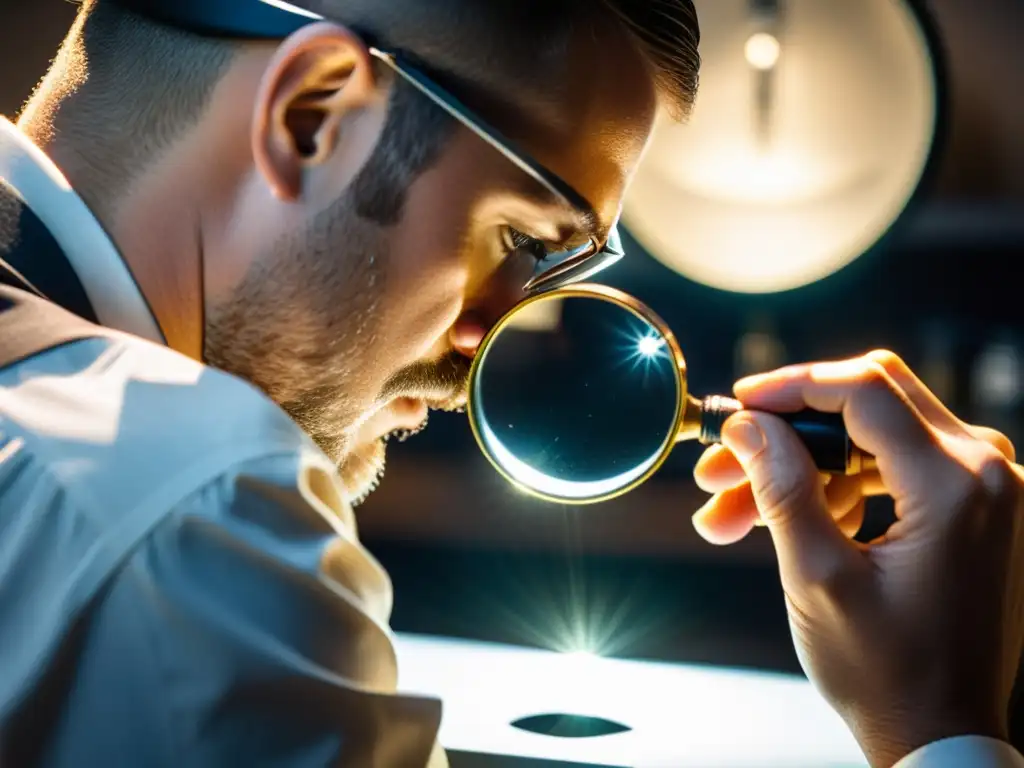 Un joyero experto en gemología examina con precisión un diamante brillante en su taller, evocando dedicación y maestría en el campo de la joyería