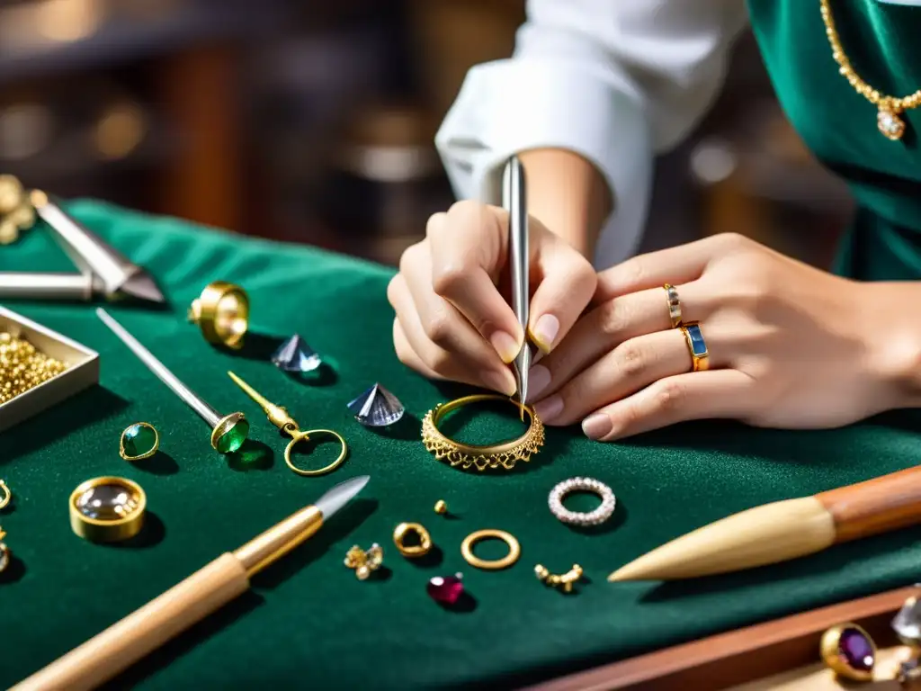 Un joyero experto crea una joya delicada con precisión en su taller, evocando la Experiencia cliente joyerías físicas