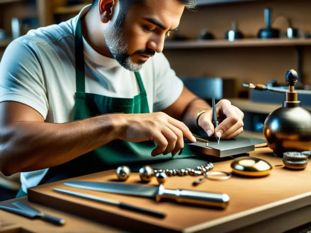 Un joyero experto crea una joya intrincada con dedicación y destreza, rodeado de herramientas y materiales