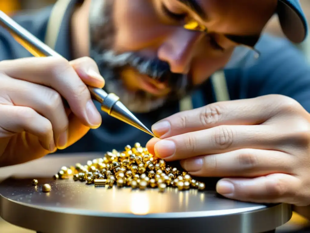 Un joyero experto moldea metales preciosos con destreza y precisión, creando una pieza única