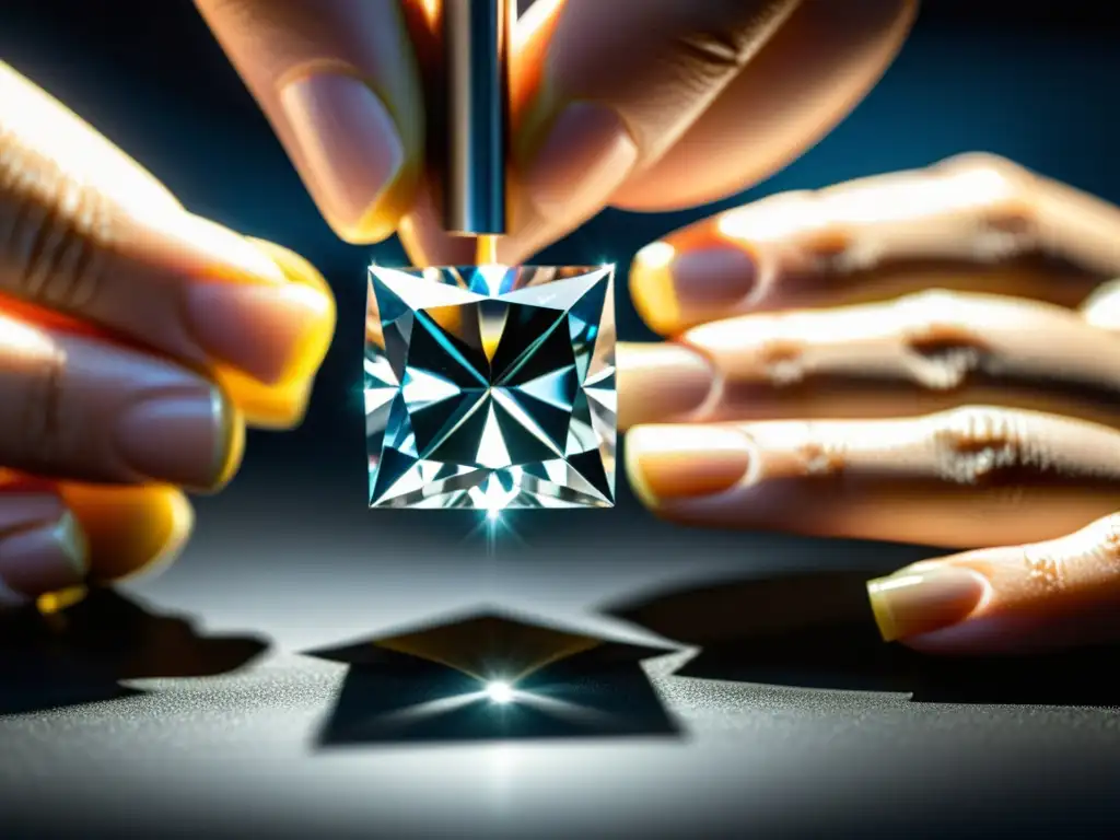 Un joyero experto realiza el meticuloso corte princesa de un diamante, mostrando la belleza y precisión de la geometría en la joyería