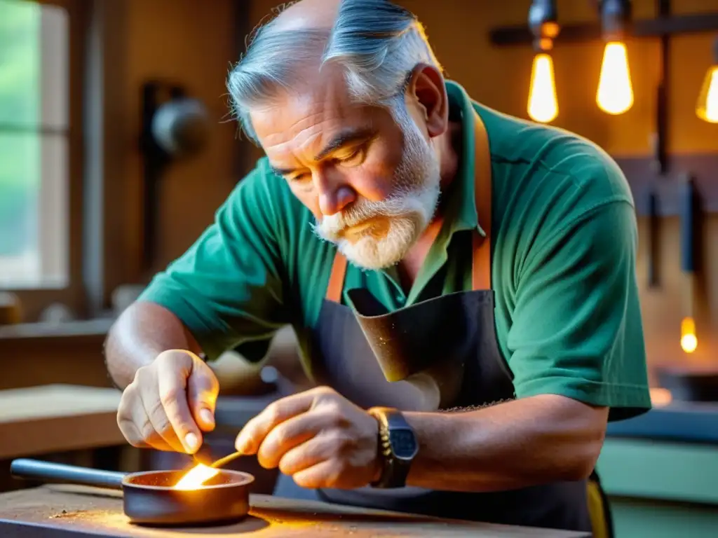 Un joyero experto moldea oro fundido con precisión en su taller, reflejando la tradición centenaria de metalurgia para joyeros metales preciosos