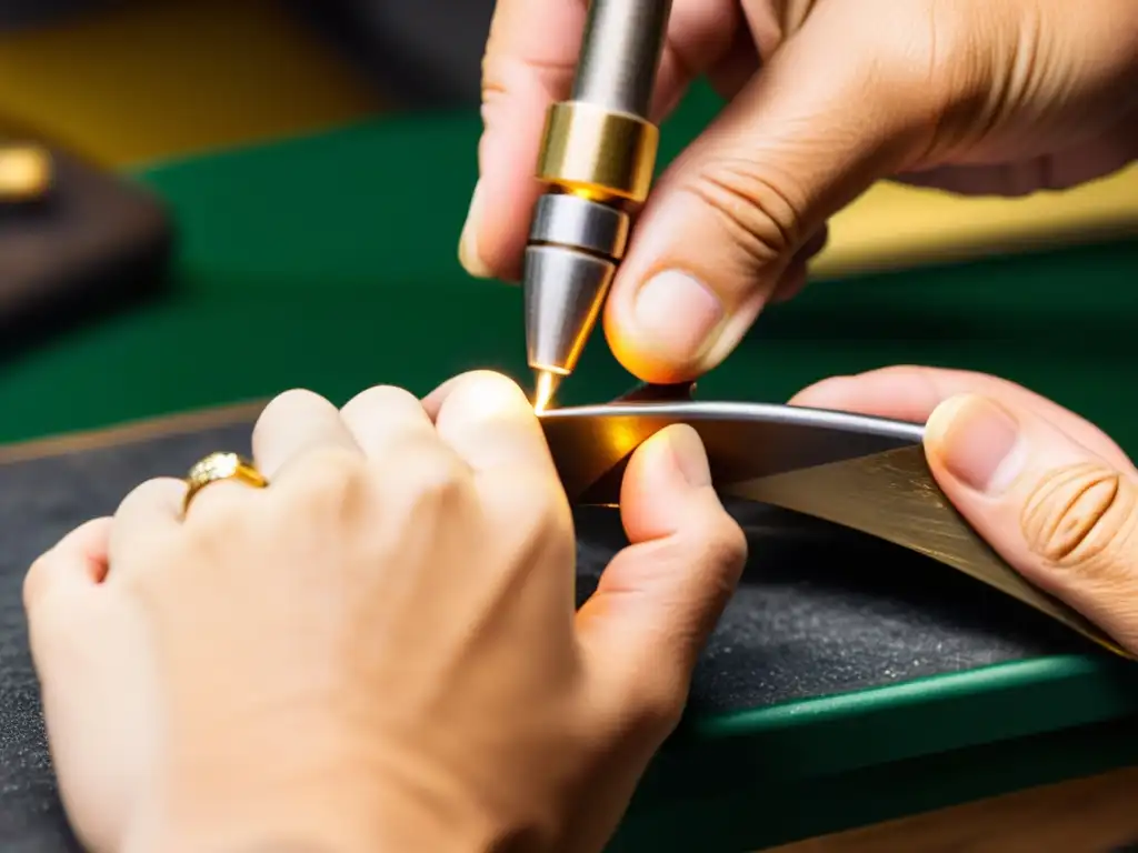 Un joyero experto trabaja con precisión en la elaboración de un anillo de oro, mostrando la artesanía de la metalurgia para joyeros metales preciosos