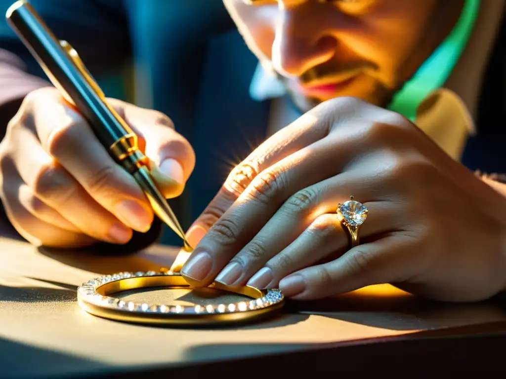 Un joyero experto coloca con precisión un diamante brillante en un anillo de oro, evocando la artesanía y dedicación en la creación de joyería